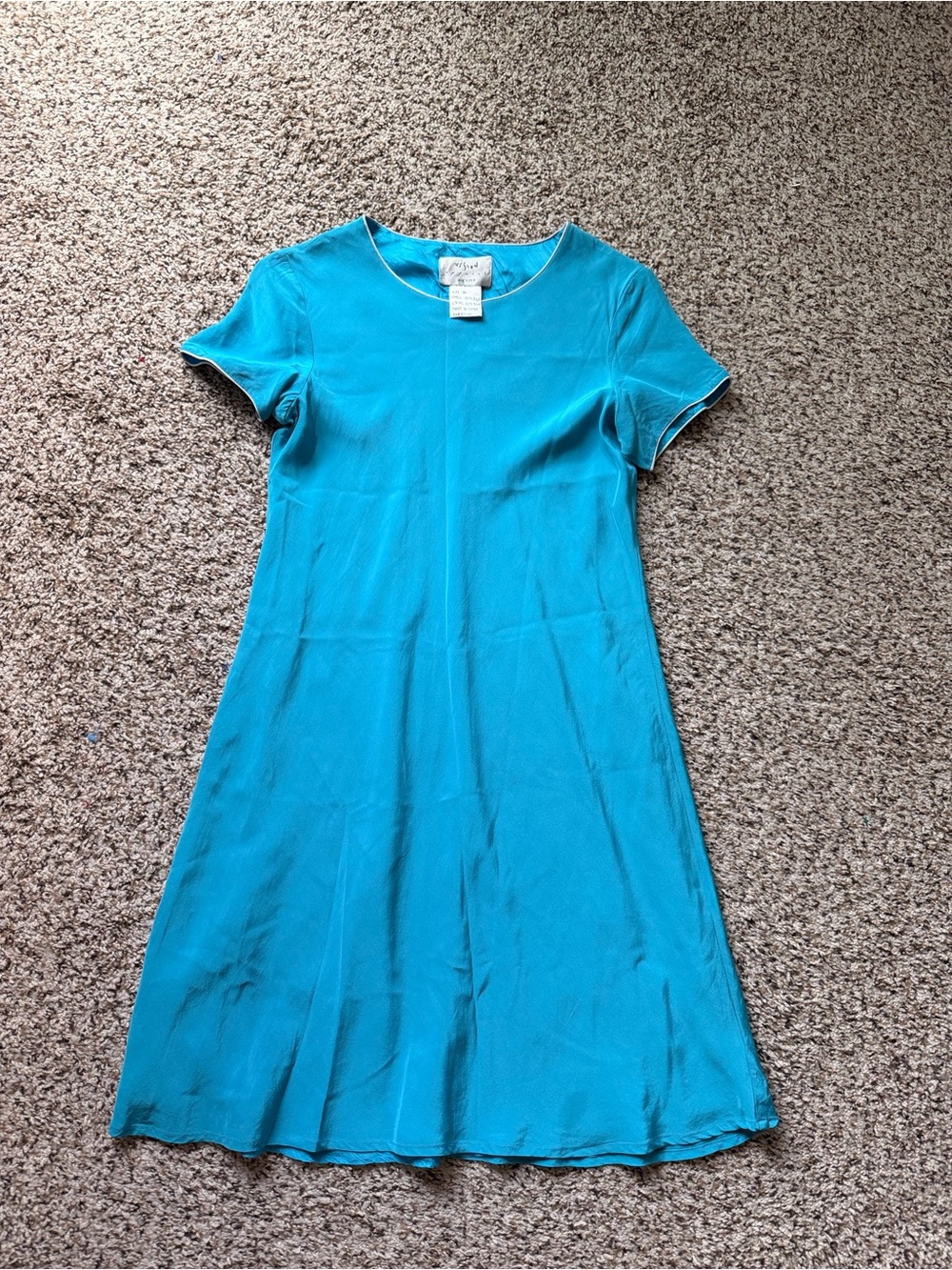 Vintage y2k 100%silk blue Teal Short-Sleeve Mini Dress — Classic A-Line